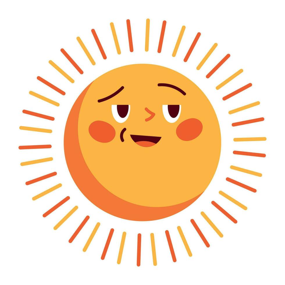 sole personaggio nel carino stile, viso con un' etichetta. luce del sole con un' Sorridi per bambini, doodled nel un' contento e divertimento modo. piatto vettore illustrazioni isolato nel sfondo.