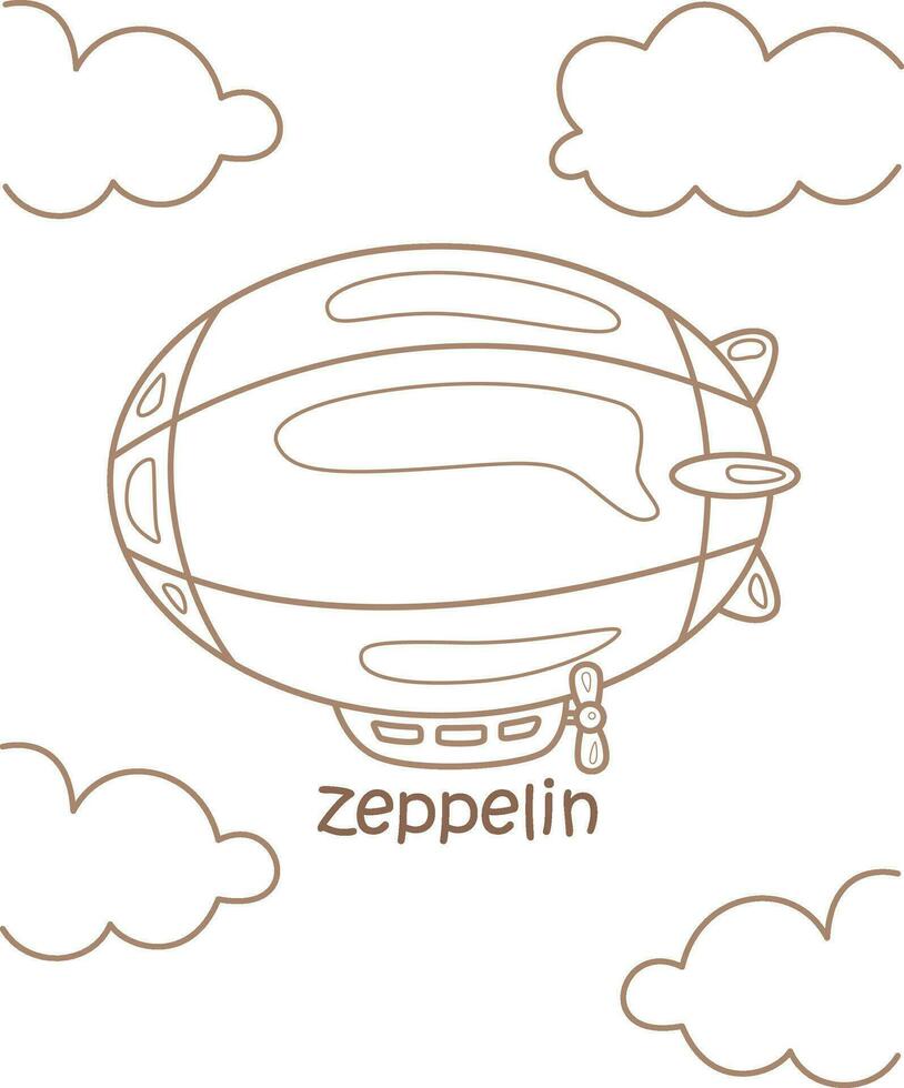 alfabeto z per zeppelin vocabolario scuola lezione cartone animato colorazione pagine per bambini e adulto vettore