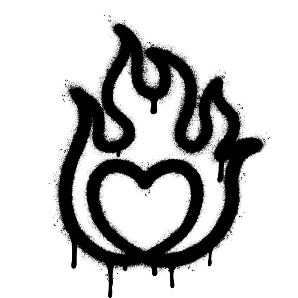spray dipinto graffiti cuore fiamma icona spruzzato isolato con un' bianca sfondo. graffiti amore fuoco simbolo con al di sopra di spray nel nero al di sopra di bianca. vettore