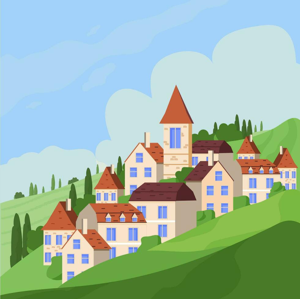 panoramico vettore illustrazione di rurale campagna con europeo case su colline azione vettore illustrazione. positivo verde scena, panoramico visualizzazioni.