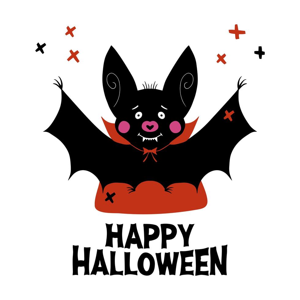 simpatico pipistrello vampiro con zanne e mantello rosso biglietto di auguri di halloween vettore