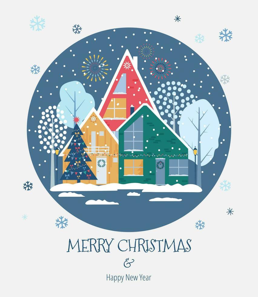allegro Natale e contento nuovo anno carta. paesaggio con Natale albero, scandinavo case e inverno alberi. vettore
