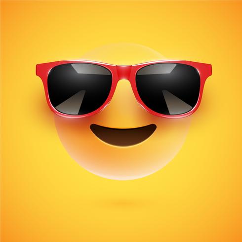 Smiley 3D dettagliato con gli occhiali da sole su un fondo variopinto, illustrazione di vettore