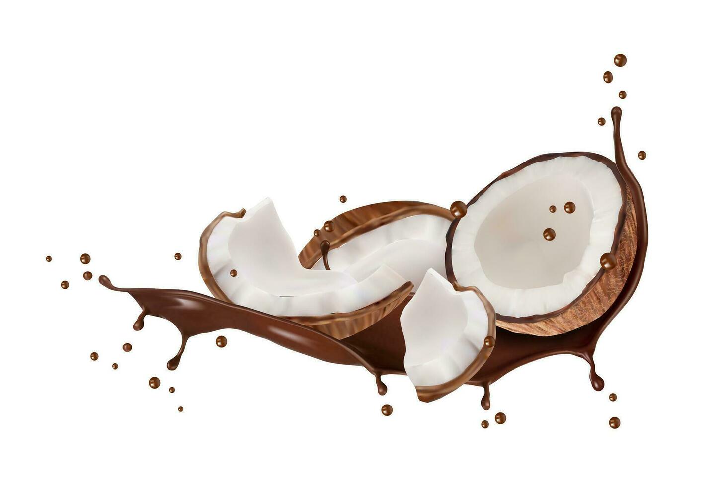 realistico cioccolato bevanda spruzzata, Noce di cocco dolce vettore