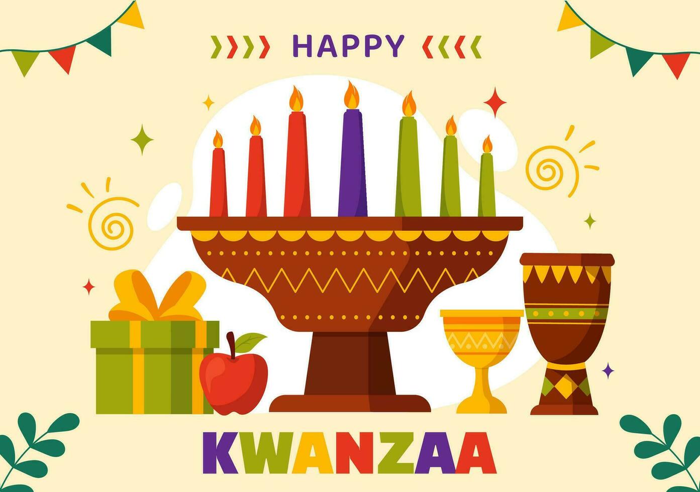 contento Kwanzaa vettore illustrazione con mazao, Zawadi, mkeka, Kinara, i regali, tazza, candele nel tradizionale vacanza africano simbolo piatto cartone animato sfondo