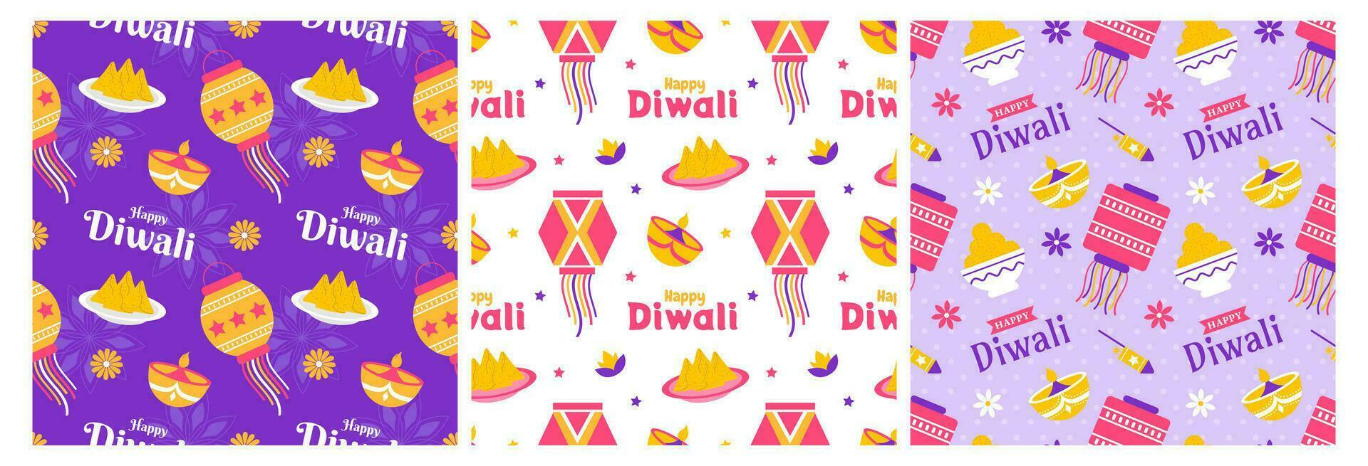 impostato di contento Diwali senza soluzione di continuità modello illustrazione design con leggero Festival di India ornamento nel cartone animato mano disegnato modello vettore