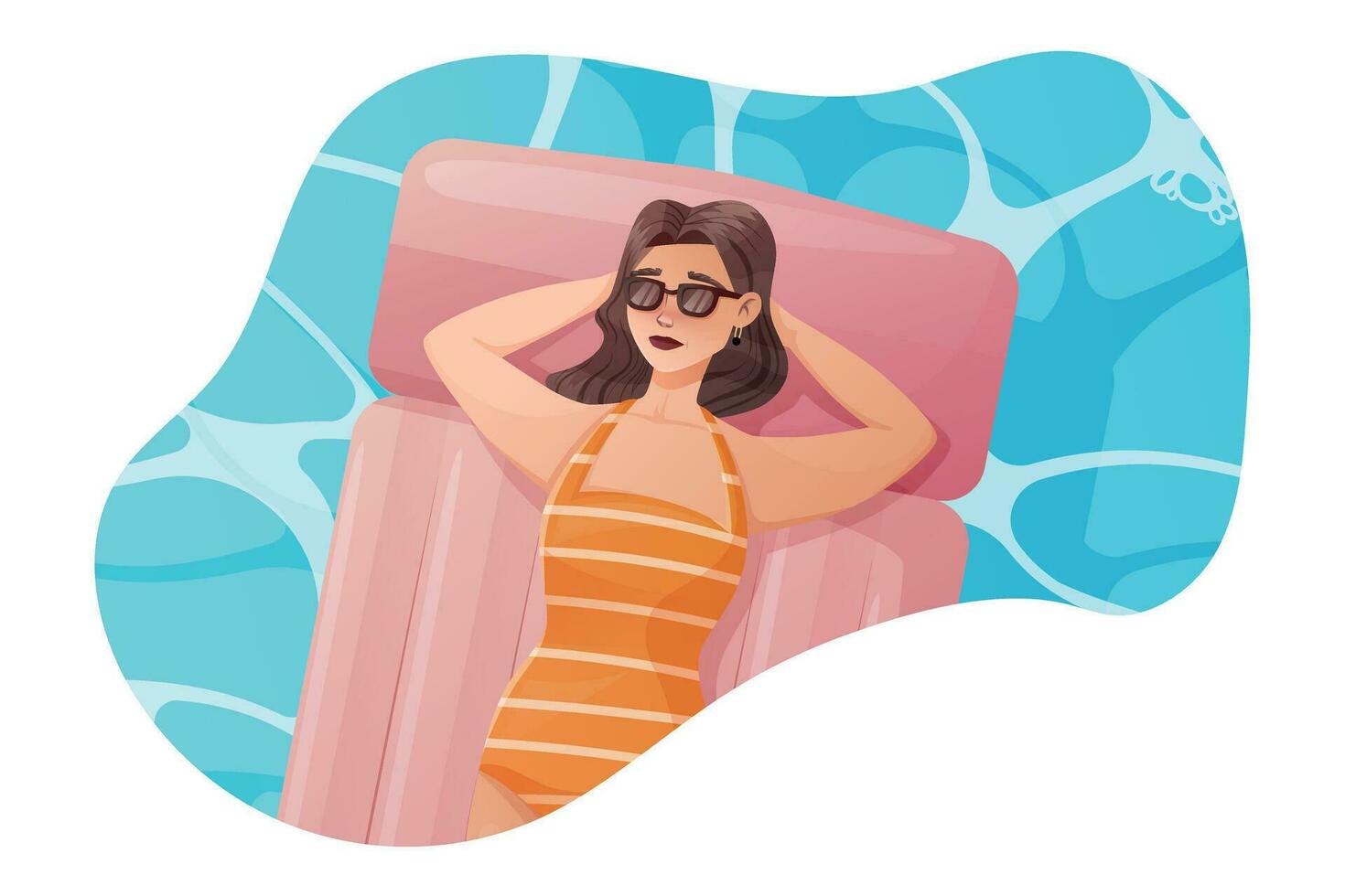 un' cartone animato giovane donna dire bugie nel un' costume da bagno su un aria materasso indossare occhiali da sole su il superficie di il acqua. estate mare vacanza concetto vettore