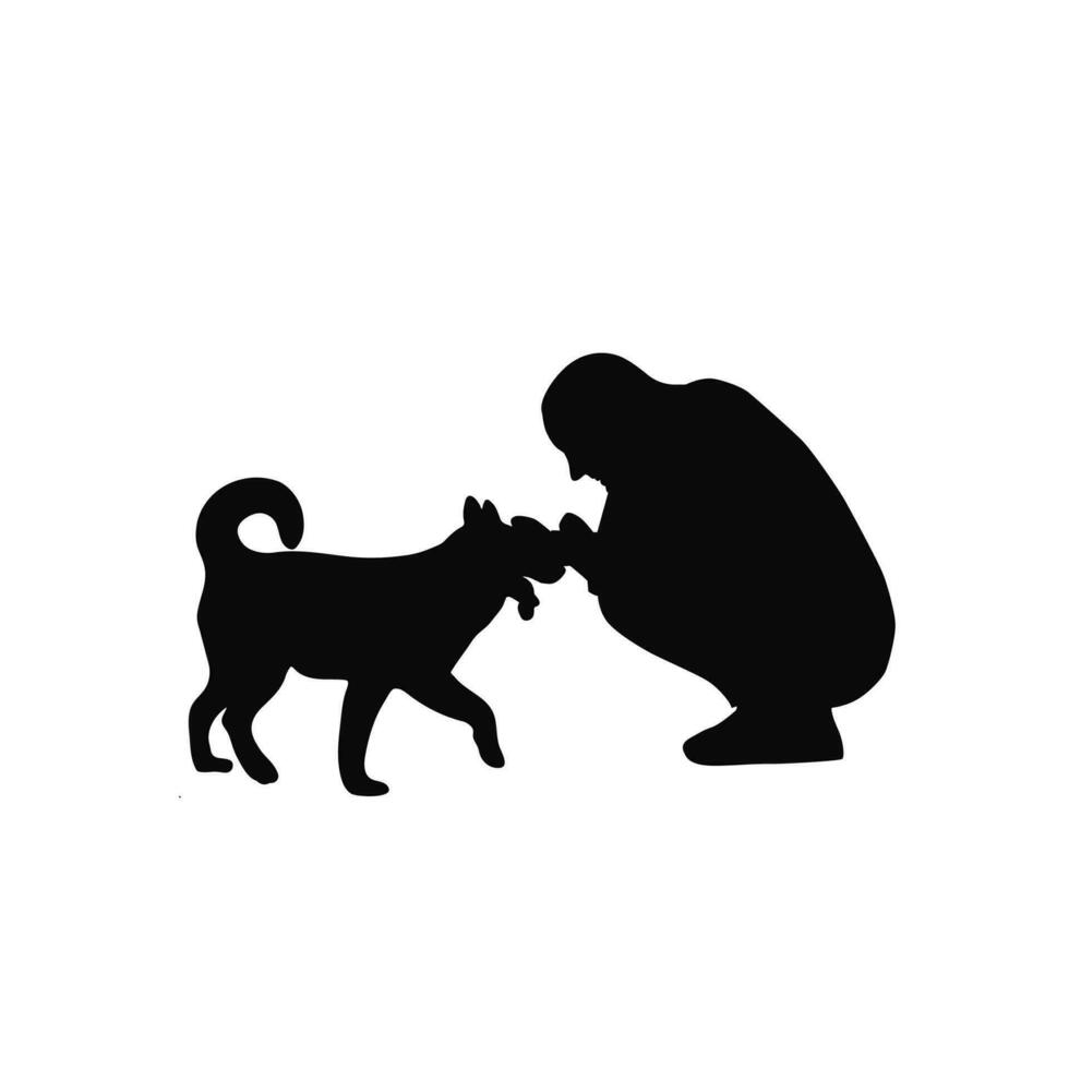 uomo giocando con il suo cane, amore animale domestico, animale domestico amante silhouette vettore