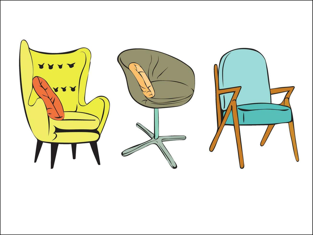 impostato di morbido sedie per casa e ufficio nel diverso colori e forme. imbottito mobilia per comfort e decorazione. arredamento elementi per il vivente camera e Camera da letto. vettore
