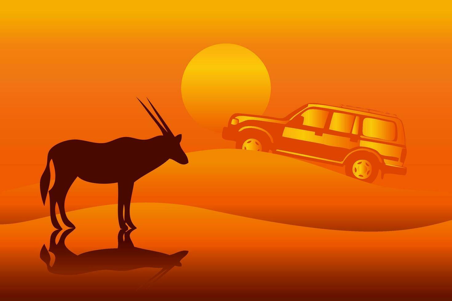 suv auto e deserto capra silhouette con deserto tramonto sfondo vettore illustrazione