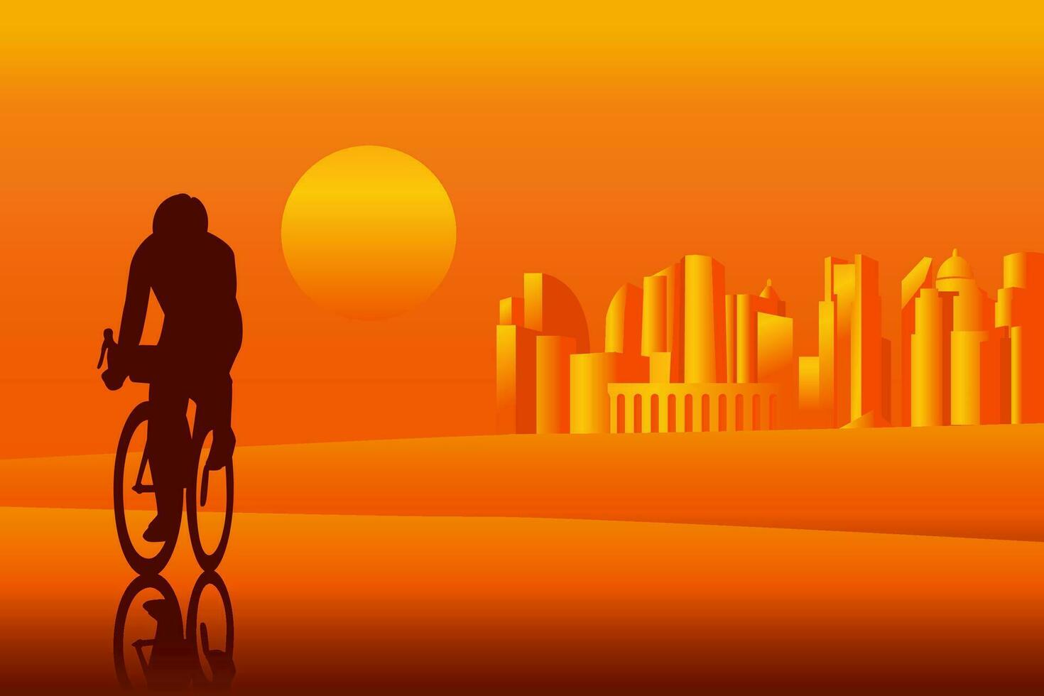 Ciclismo uomo silhouette con città tramonto sfondo vettore