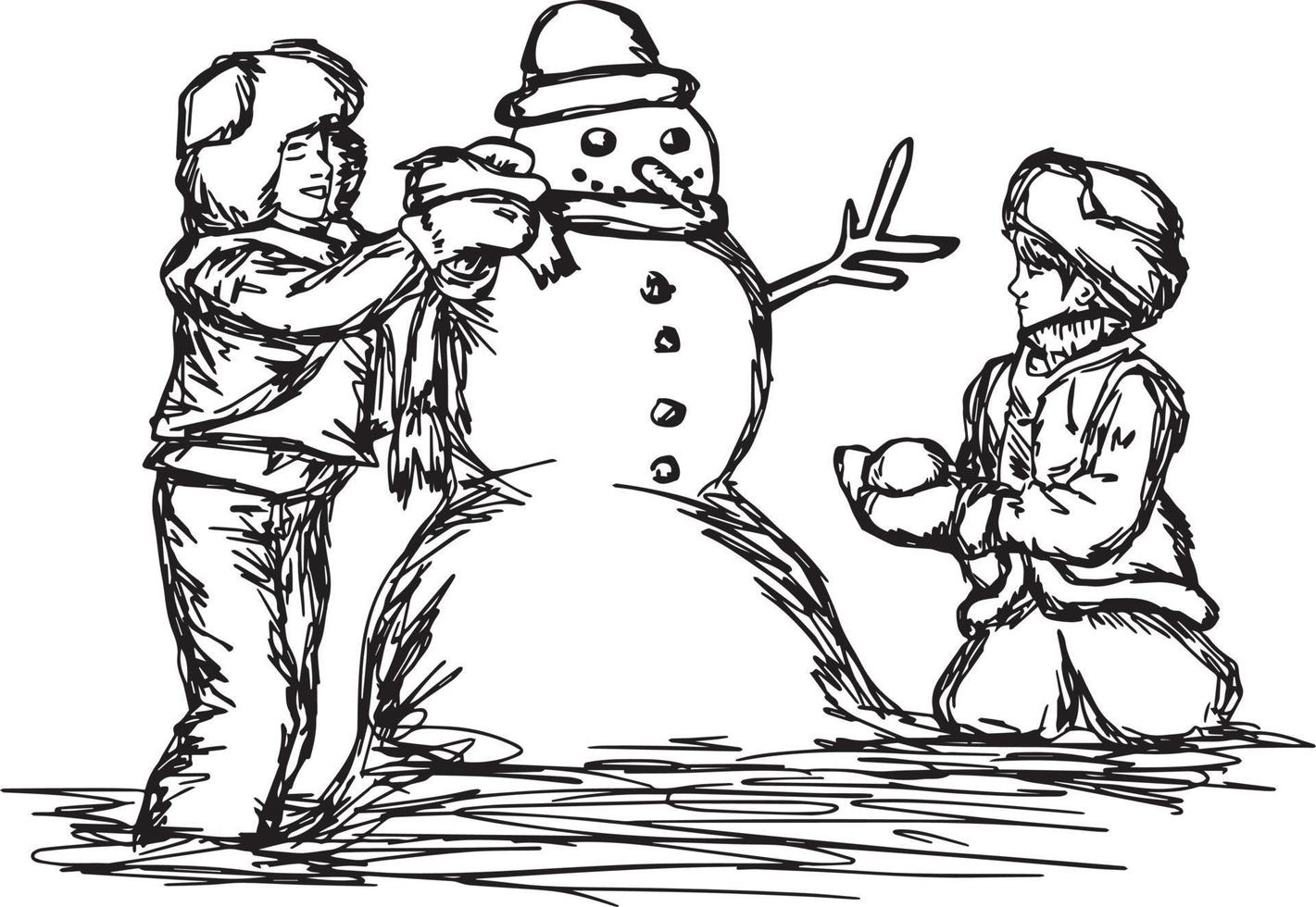 due ragazzini che costruiscono un pupazzo di neve vettore
