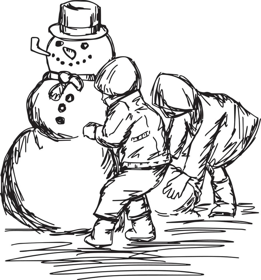 due bambini che costruiscono un'illustrazione vettoriale di un pupazzo di neve
