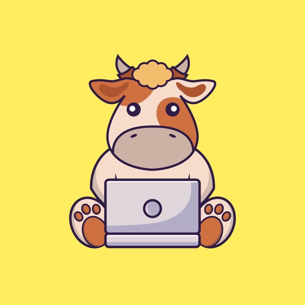 mucca carina usando il laptop. vettore