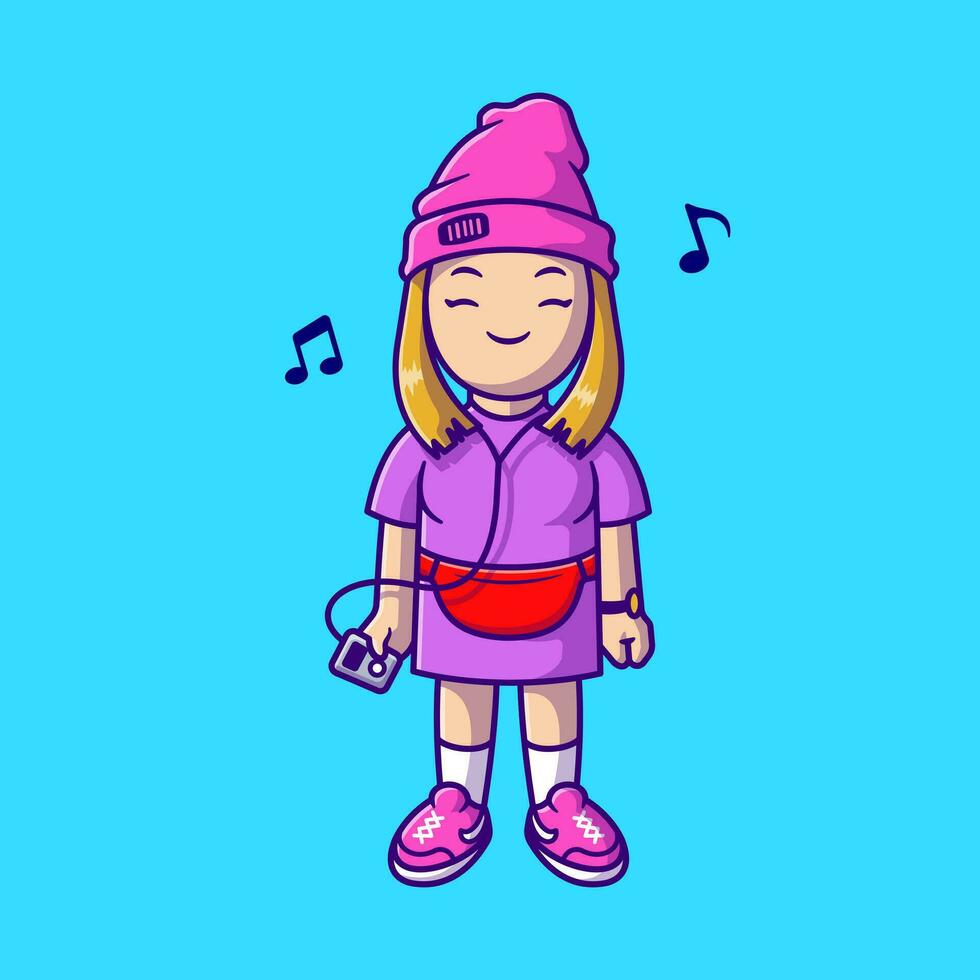 freddo ragazza ascoltando musica con auricolare cartone animato vettore icona illustrazione. persone tecnologia icona concetto isolato premio vettore. piatto cartone animato stile