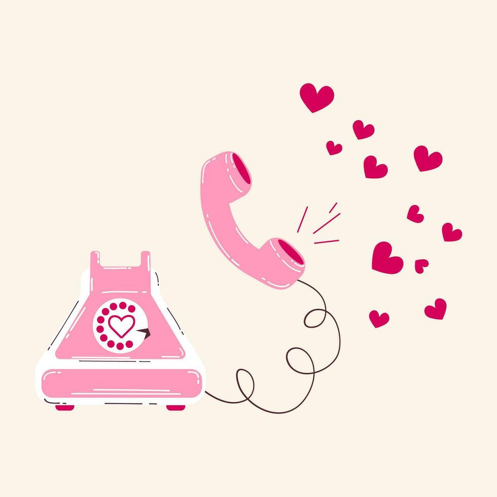 vecchio retrò telefono rosa con cuori per San Valentino giorno. dichiarazione di amore.colorato vettore illustrazione nel retrò cartone animato stile.