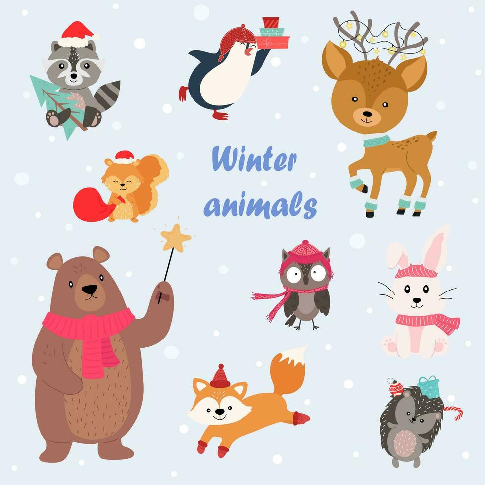 iscrizione inverno animali. Natale personaggi - animali, orso, procione, scoiattolo, riccio, Volpe, gufo, lepre, pinguino. nuovo anni palle. vettore illustrazione.