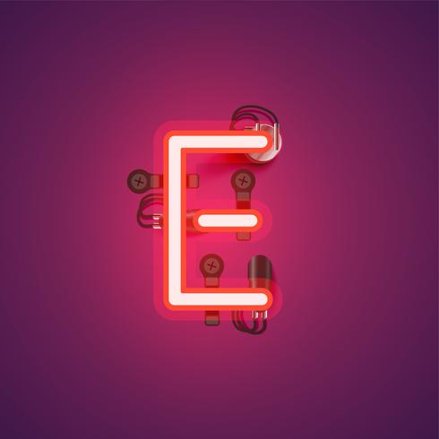 Carattere al neon realistico rosso con fili e console da un fontset, illustrazione vettoriale