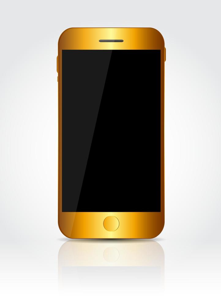 nuovo telefono cellulare oro realistico con schermo nero. vettore