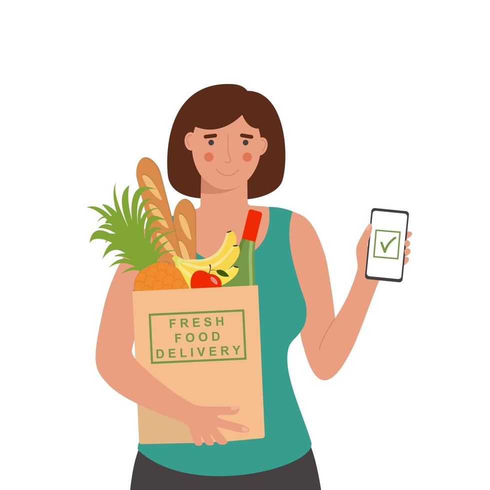 ordinazione di cibo online. donna che usa l'app mobile per ordinare cibo a domicilio vettore