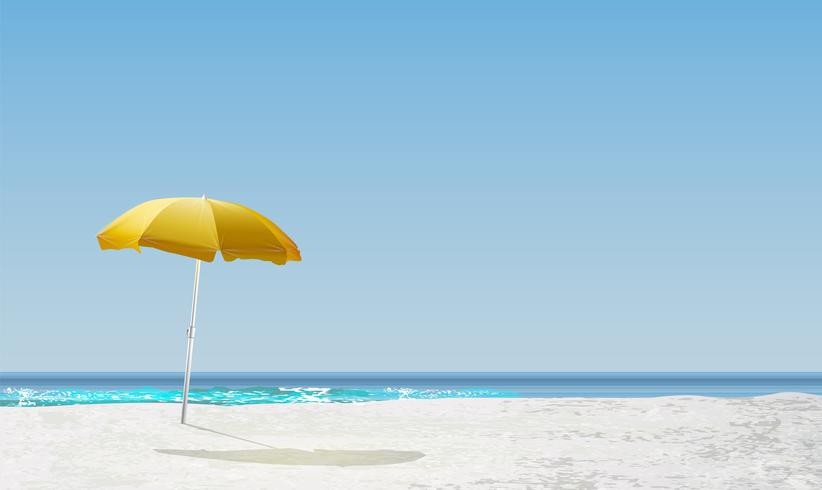 Paesaggio realistico di una spiaggia con il tramonto / alba e un parasole giallo, illustrazione di vettore