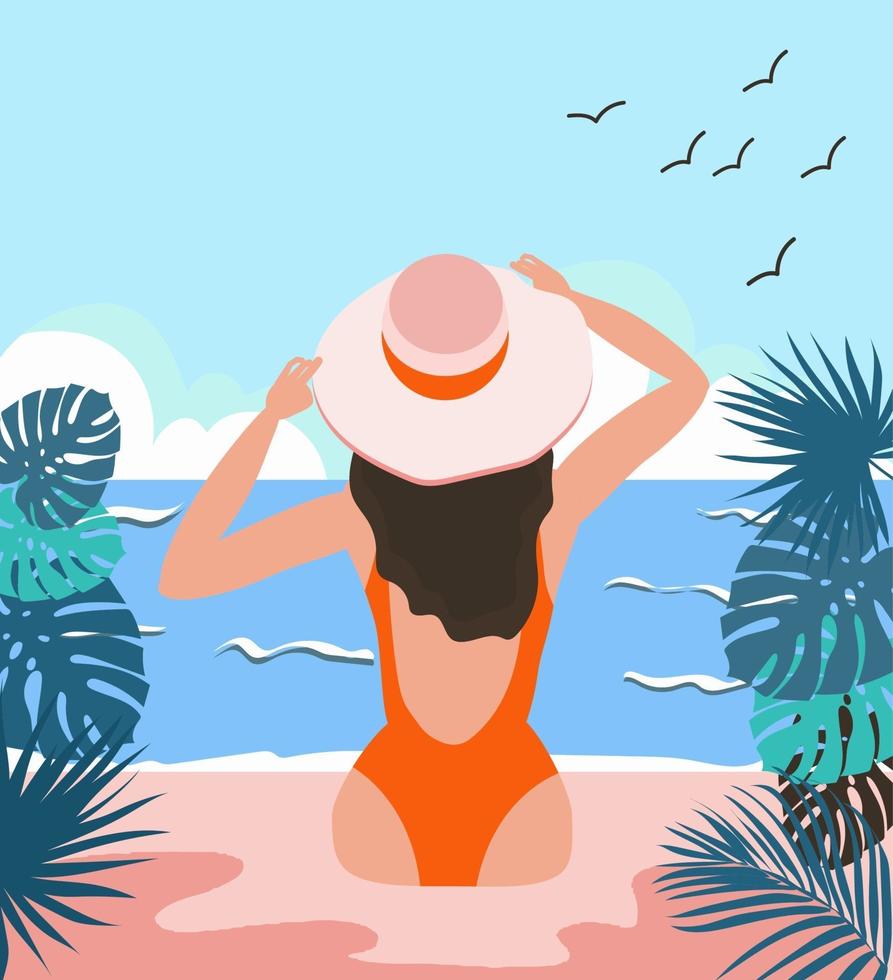 ragazza in costume da bagno e cappello sulla spiaggia. riposo estivo vettore