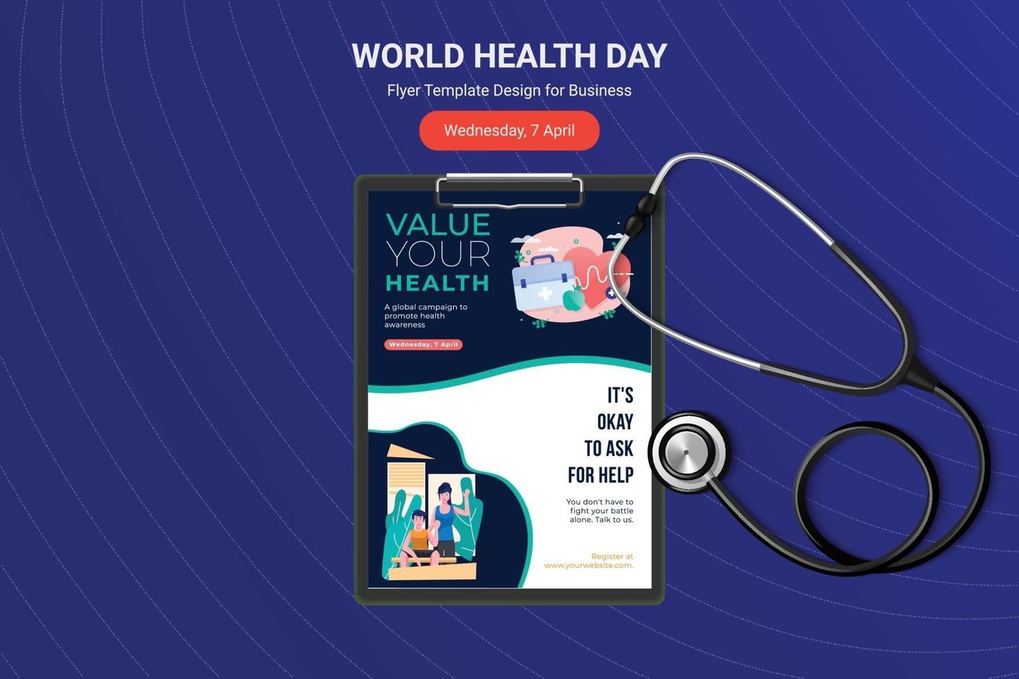volantino per la giornata mondiale della salute, poster design con stetoscopio vettoriale. vettore