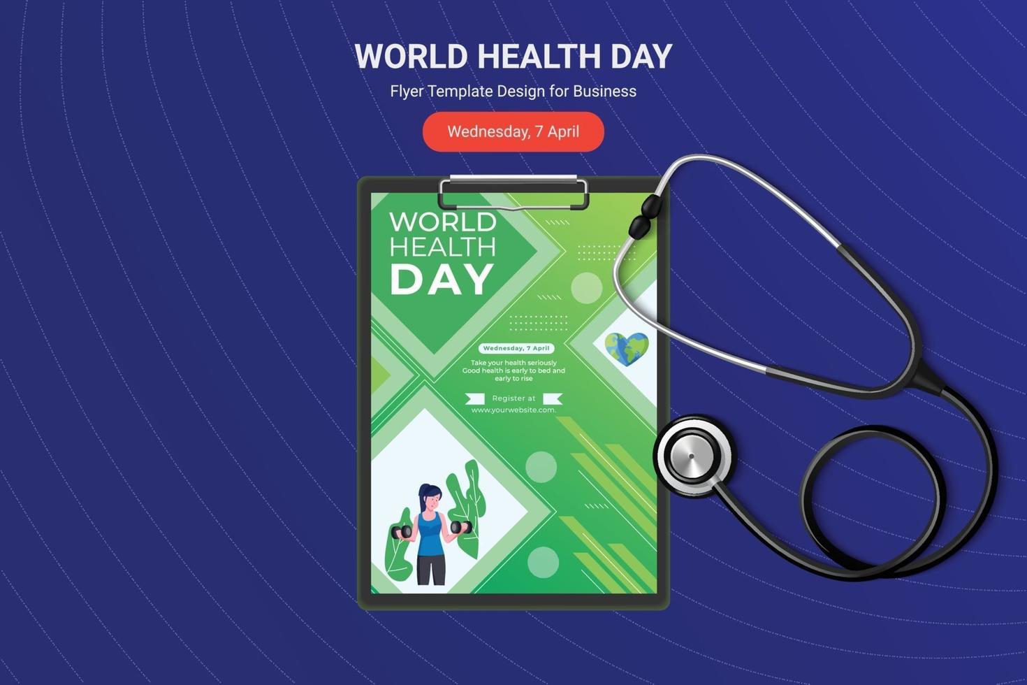 volantino per la giornata mondiale della salute, poster design con stetoscopio vettoriale. vettore