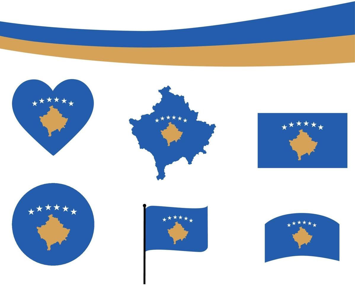 bandiera del kosovo mappa nastro e icone del cuore disegno astratto vettoriale