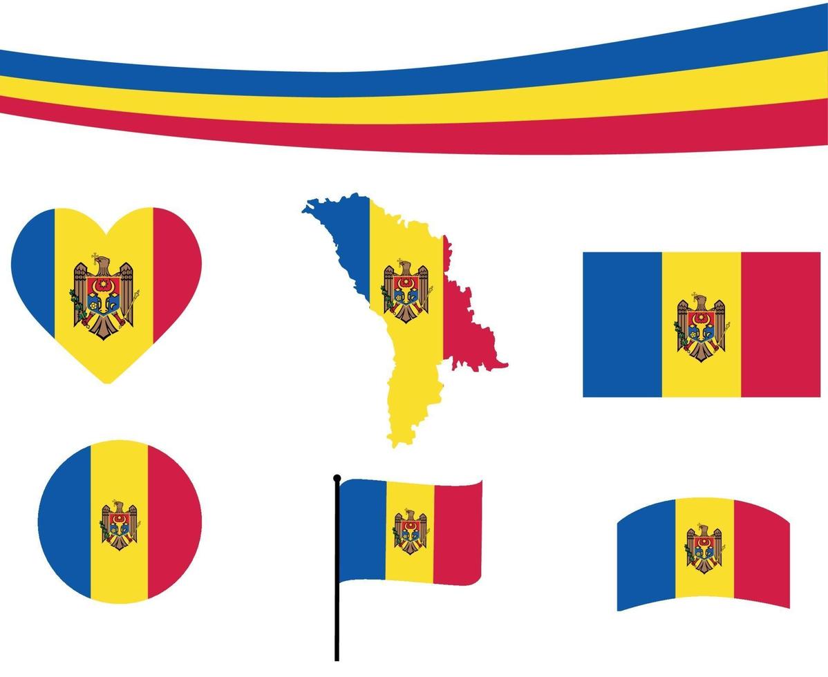 bandiera della Moldavia mappa nastro e cuore icone illustrazione vettoriale abstract