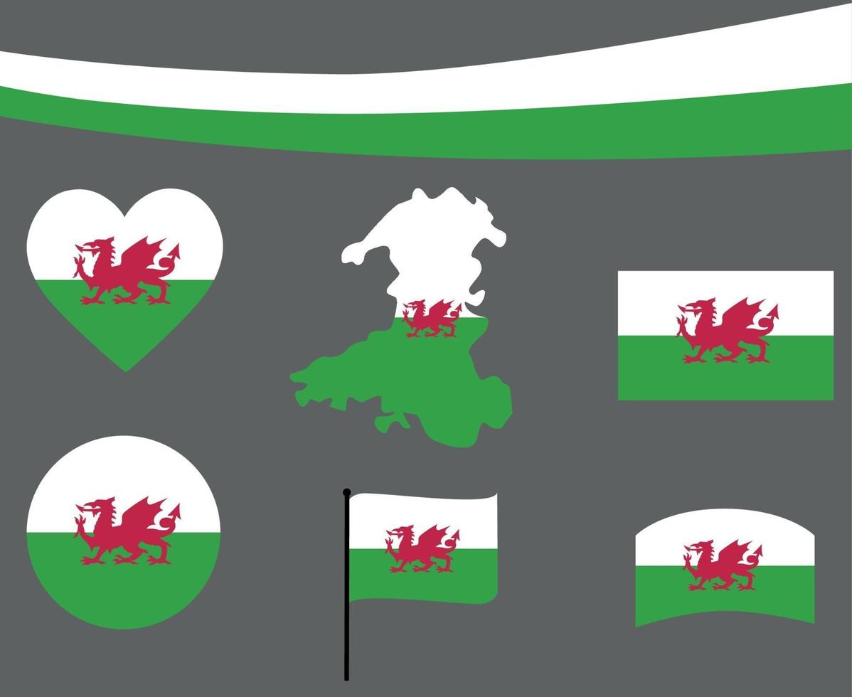 bandiera del Galles mappa nastro e cuore icone illustrazione vettoriale abstract