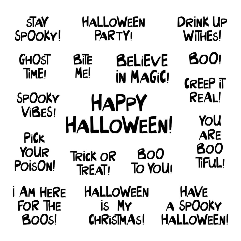 set di citazioni di halloween. simpatiche scritte disegnate a mano vettore