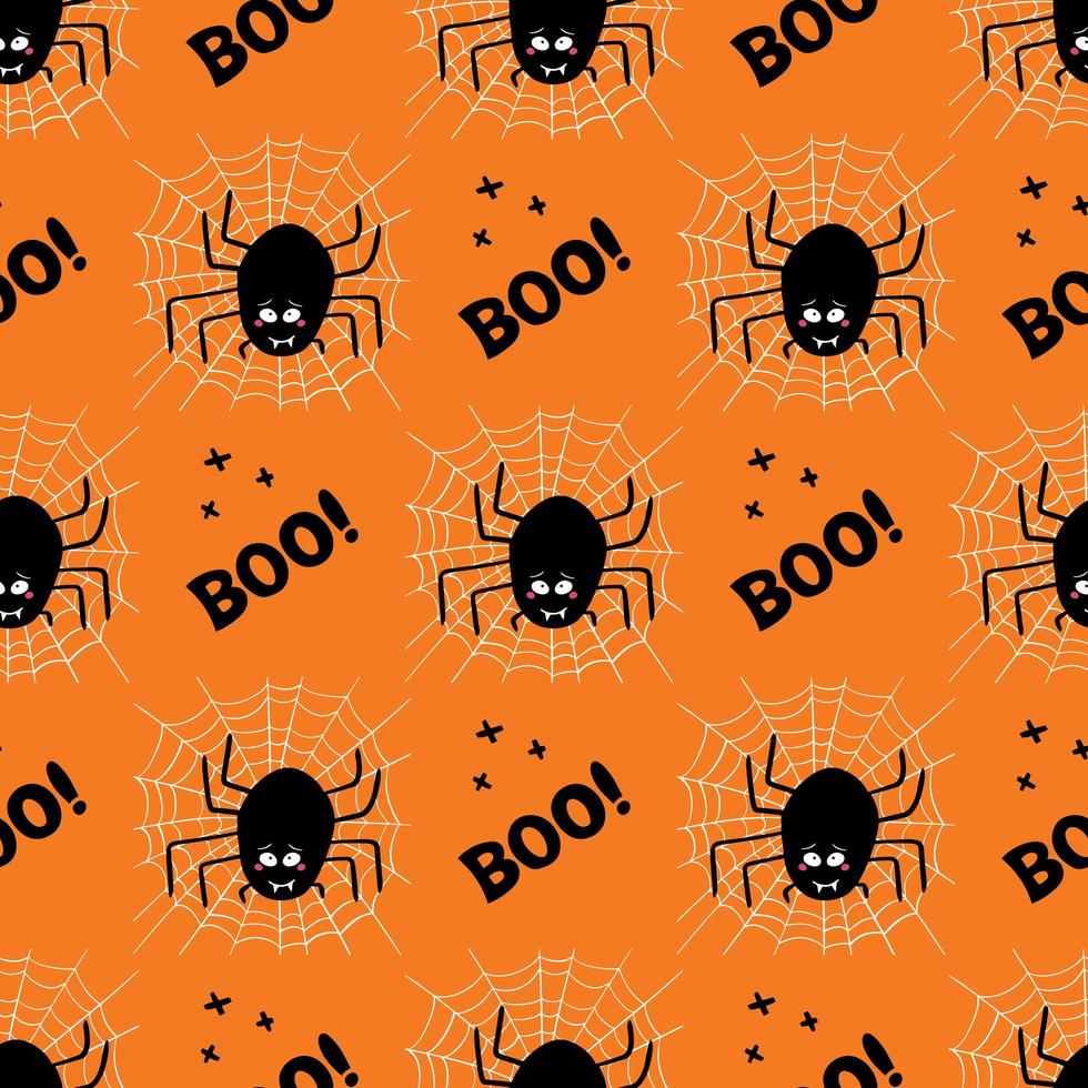 simpatico ragno con sguardo colpevole e parola boo halloween seamless pattern vettore