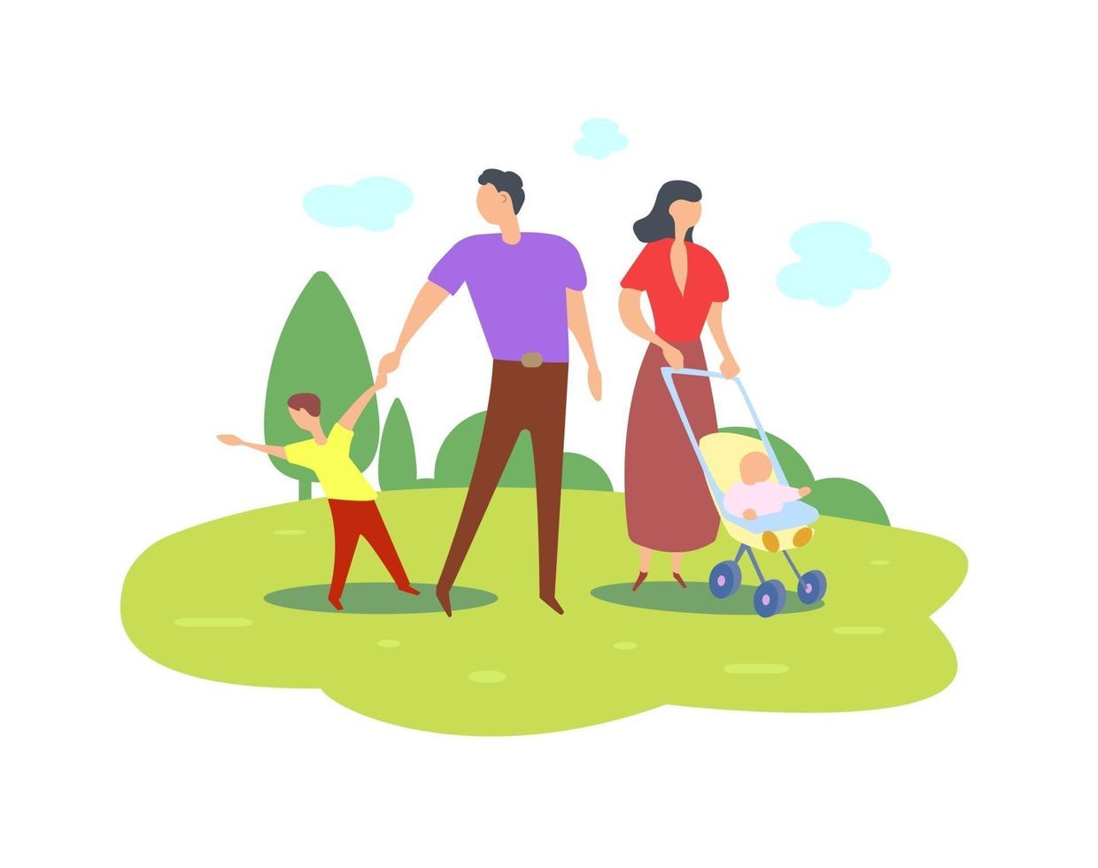 la giovane famiglia felice cammina insieme sulla natura verde in estate vettore