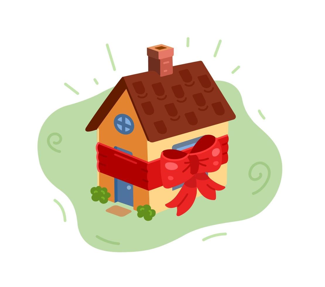 una casa legata con un nastro rosso in regalo. il premio è a casa vettore