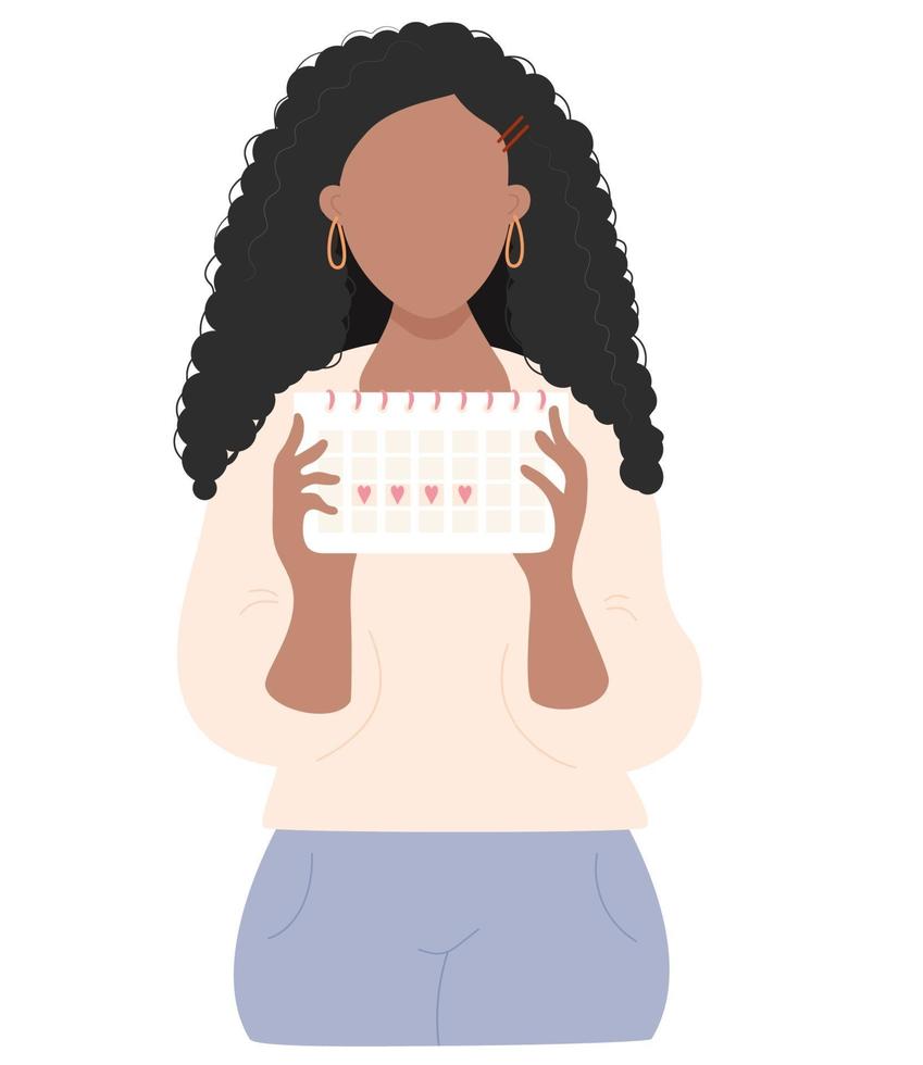 carina ragazza nera etnica con in mano il calendario del ciclo mestruale femminile vettore