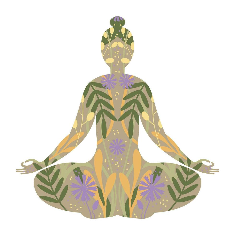 silhouette yoga Meditare personaggio con impianti vettore illustrazione. umano connessione con natura, rituale pratiche, internazionale giorno di yoga modello, manifesto, carta, Stampa, logo design. boho stile