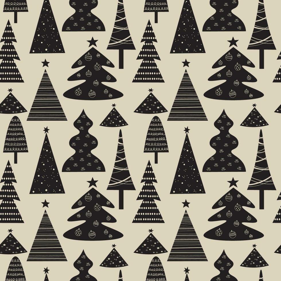 scandinavo senza soluzione di continuità modello con diverso decorativo natale alberi nel foresta hygge motivo. inverno ripetendo sfondo nordico ornamento con decorato abete alberi per Congratulazioni, imballaggio disegno, carta vettore