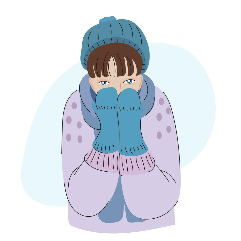 congelato ragazza nel inverno Abiti. donna nasconde sua viso nel guanti. malato donna. persona nel un' cappello, guanti, maglione vettore
