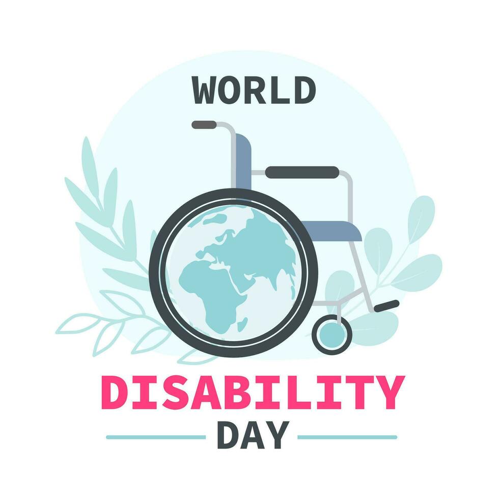 mondo disabilità. concetto di supporto persone con disabilità. sedia a rotelle e globo. moderno vettore illustrazione.