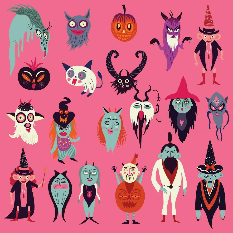 vivace strano brutto Halloween personaggi. carino bizzarro comico personaggi nel moderno piatto mano disegnato stile vettore