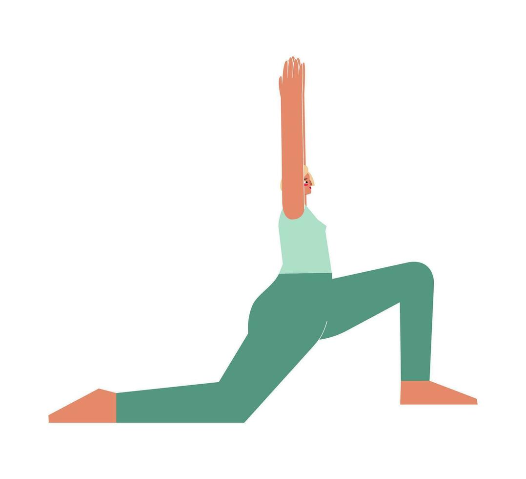 vettore isolato illustrazione con piatto femmina carattere. allegro donna impara ricostituente posizione a yoga classe. fitness esercizio - mezzaluna posa Basso balzare in avanti