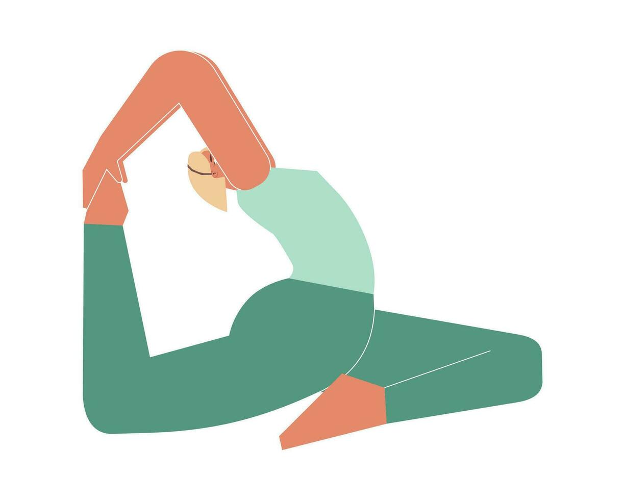 vettore isolato illustrazione con piatto femmina carattere. allegro donna impara apertura dell'anca posizione eka pada rajakapotasana io a yoga classe. fitness esercizio - uno dalle gambe re Piccione posa io