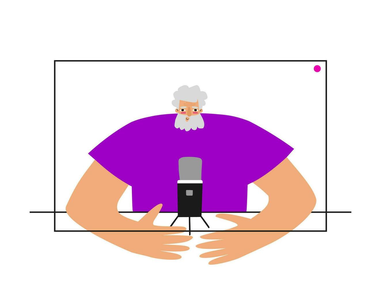 vettore piatto concetto con computer e vecchio caucasico uomo su schermo utilizzando in linea ruscello Servizi a casa per registrazione video su webcam. a distanza conferenza di blogger, Podcast ospite, allenatore