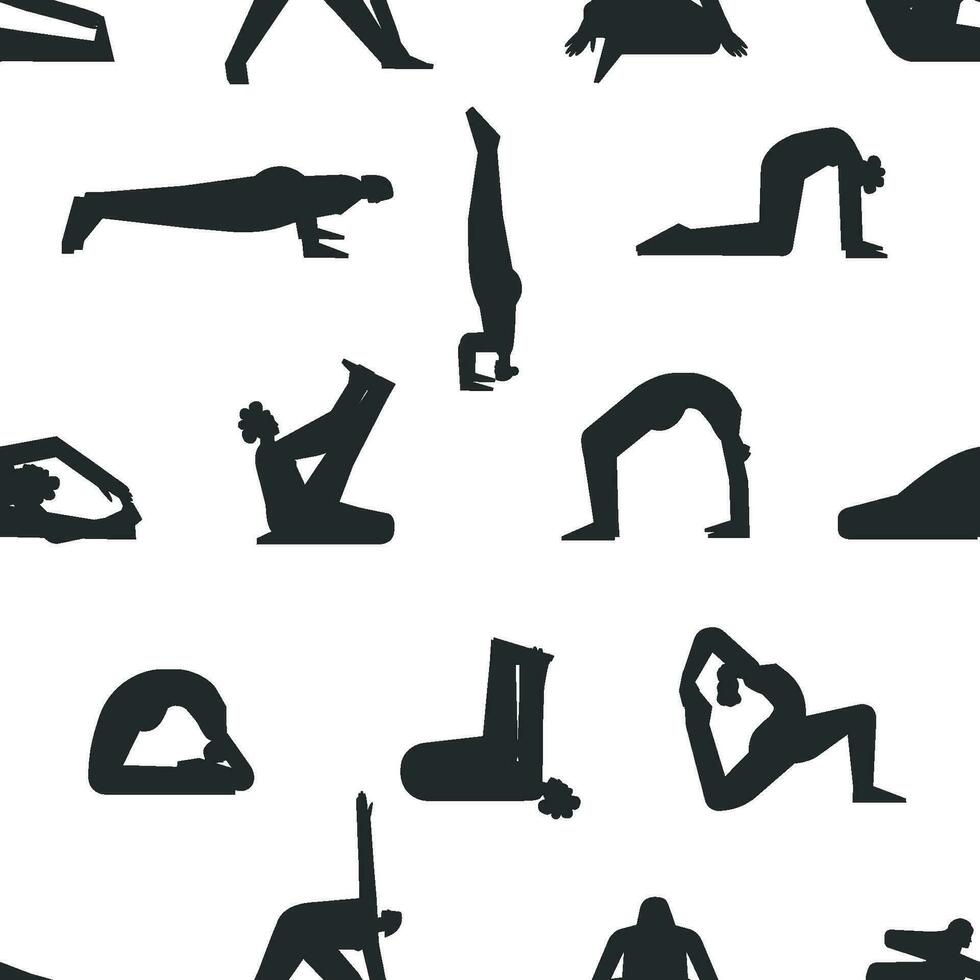 vettore senza soluzione di continuità modello con fitness pose. piatto isolato collezione con ispanico, africano americano e europeo donne fabbricazione yoga esercizi piace asana, allungamento addestramento. nero sagome