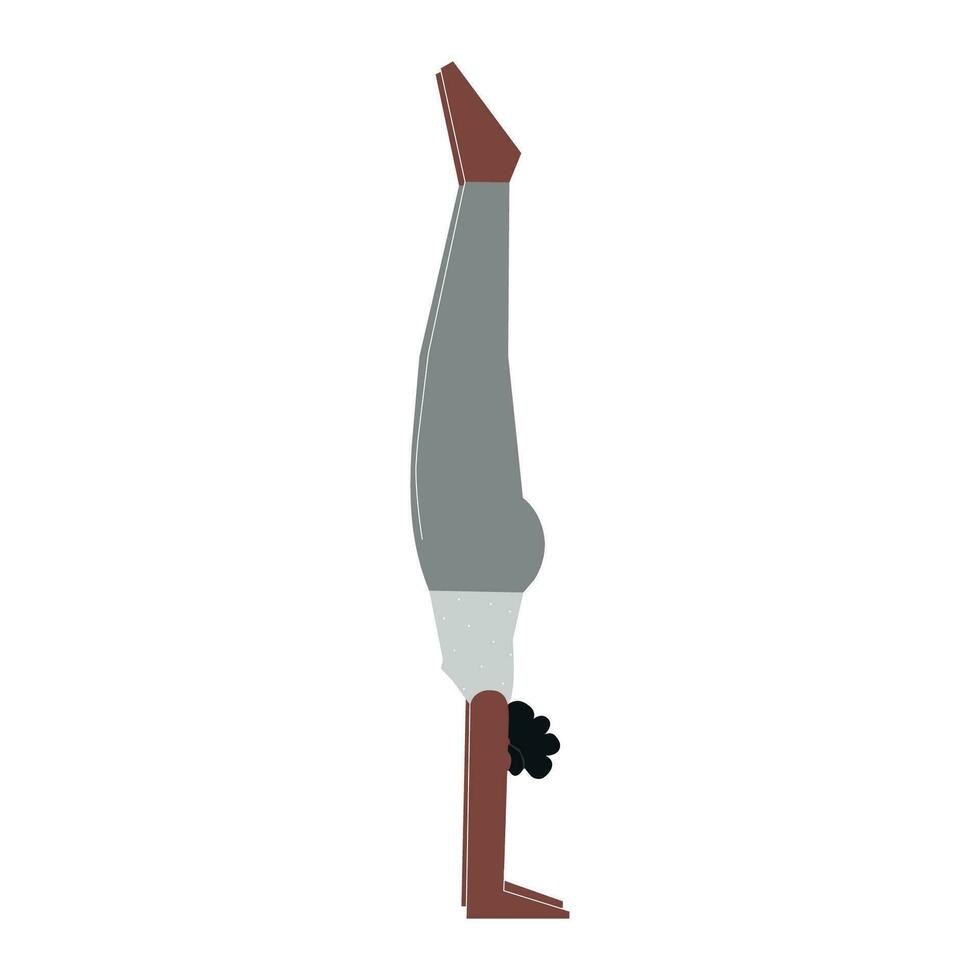 vettore isolato illustrazione con piatto femmina africano americano carattere. allegro donna impara equilibratura posizione adho mukha vrksasana a yoga classe. fitness esercizio - handstand posa
