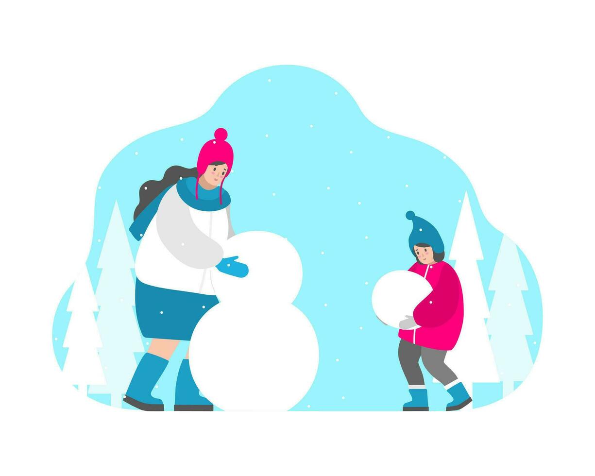 vettore isolato piatto illustrazione per saluto carta. contento mamma scolpisce pupazzo di neve e carino bambino ragazza Aiuto sua carring palla nel mani. inverno vacanza prima Natale, all'aperto attività con tutti famiglia