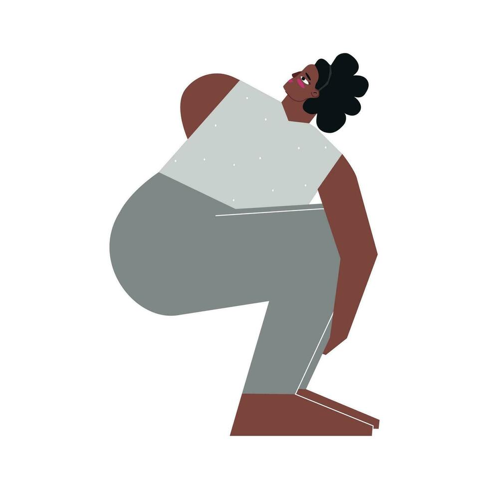 vettore isolato illustrazione con piatto femmina carattere. allegro africano americano donna impara rilegatura posizione pasasana a yoga classe. fitness esercizio - cappio posa