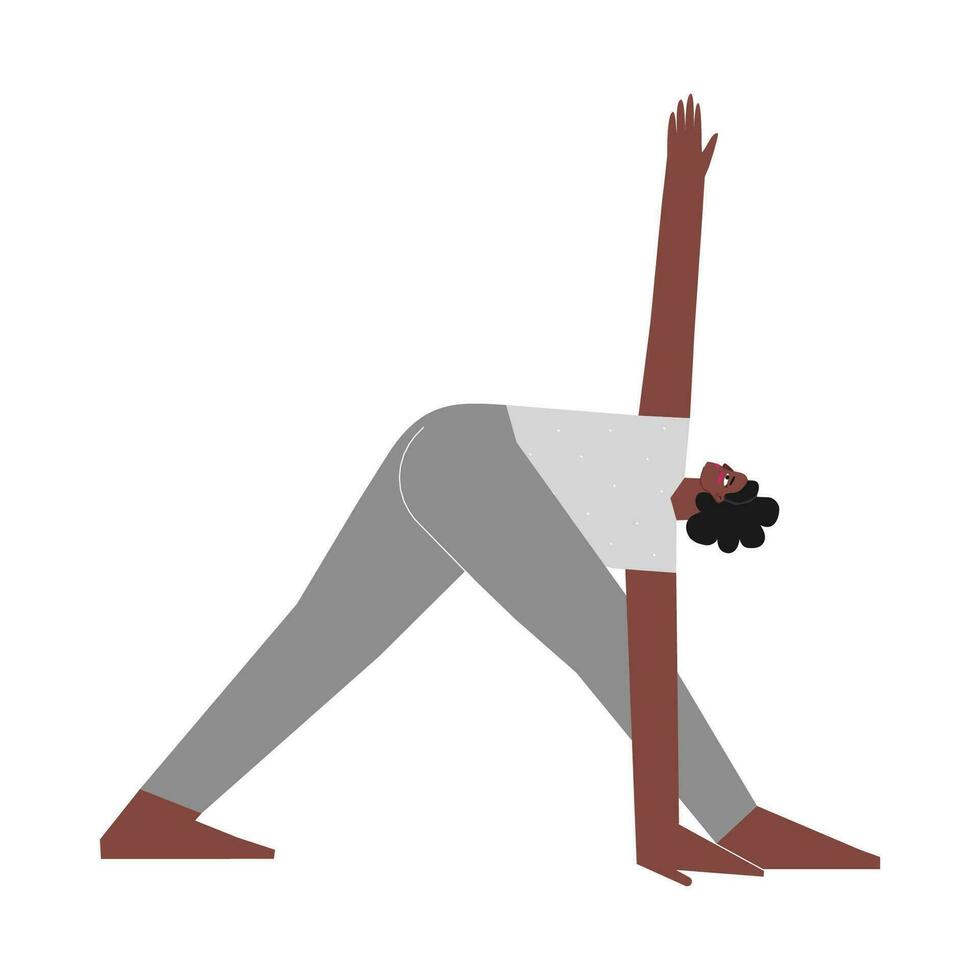 vettore isolato illustrazione con piatto africano americano femmina carattere. allegro donna impara torcere posizione parivrtta trikonasana a yoga classe. fitness esercizio - ruotato triangolo posa