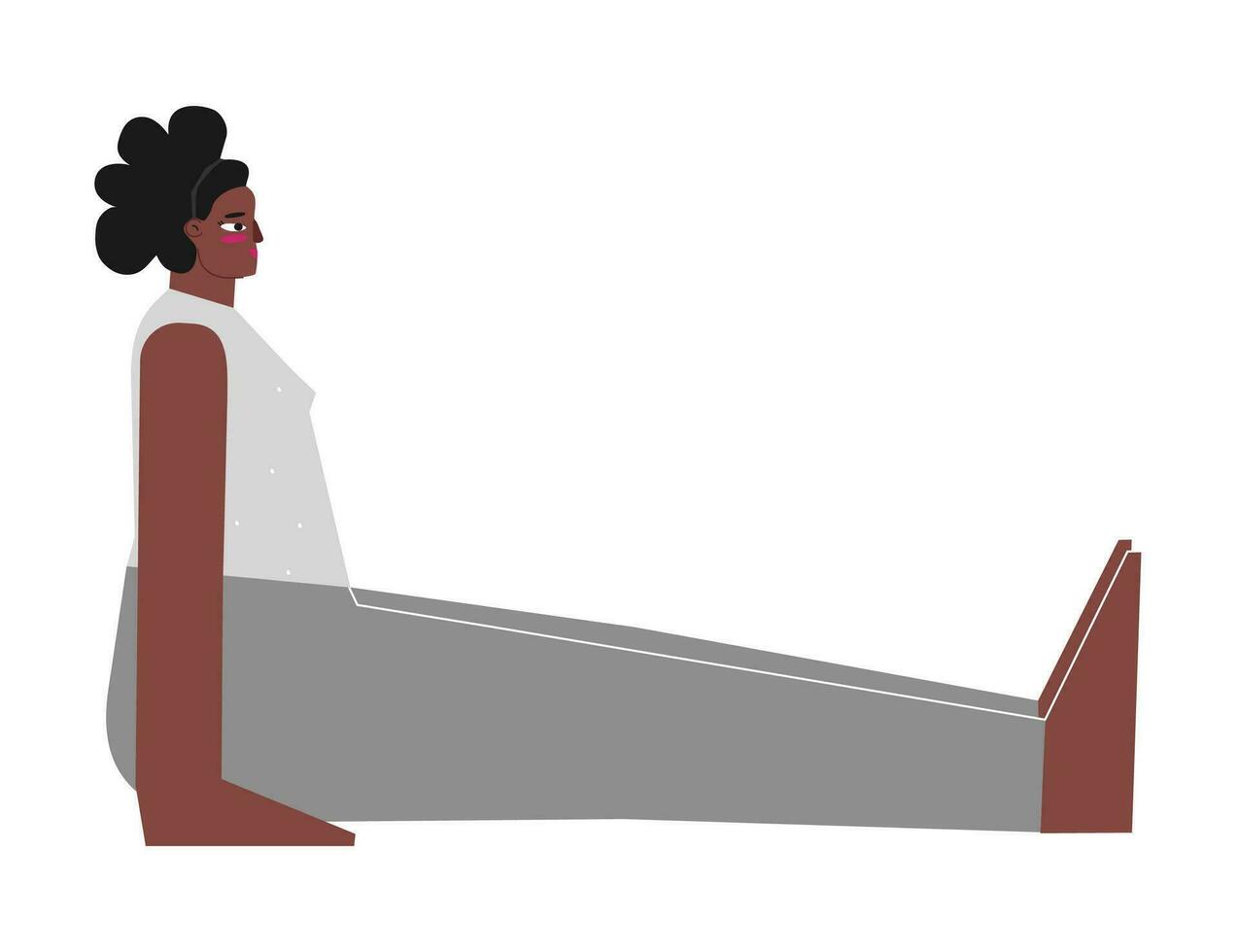 vettore isolato illustrazione con piatto femmina corpo positivo carattere. allegro africano americano donna impara seduto posizione dandasana a yoga classe. fitness esercizio - personale posa